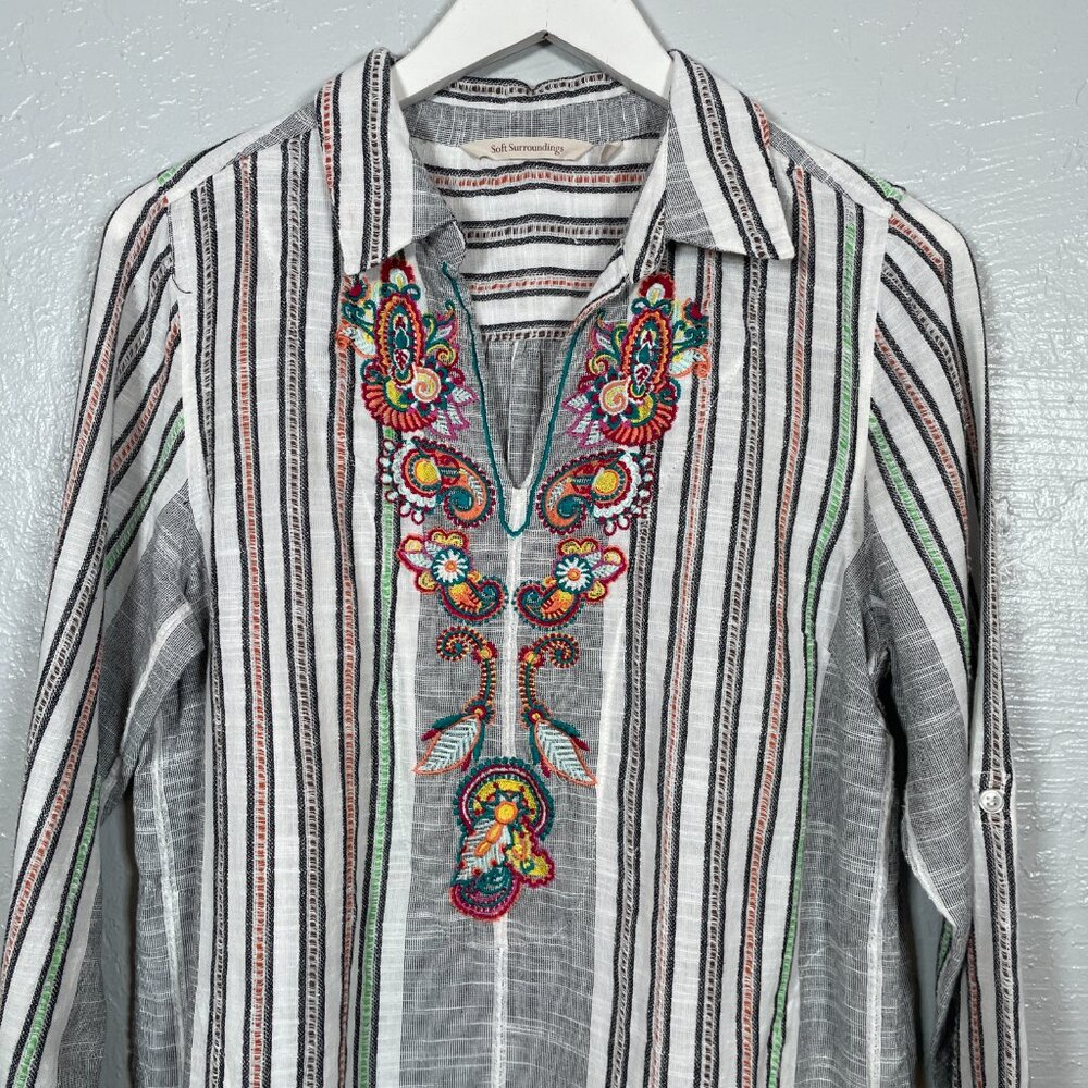 Soft Surroundings Women M Aruba Tunic Blouse Striped Embroidered Floral Boho - Picture 3 of 9